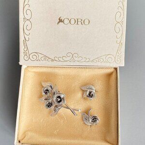 Coro MCM Silver Rose Brooch & Clip Earrings Set in Box